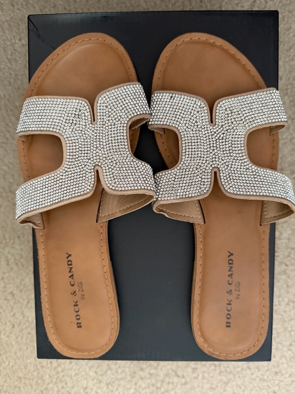 Rock & Candy Tan Slide Sandals with Silver Crystal Strap